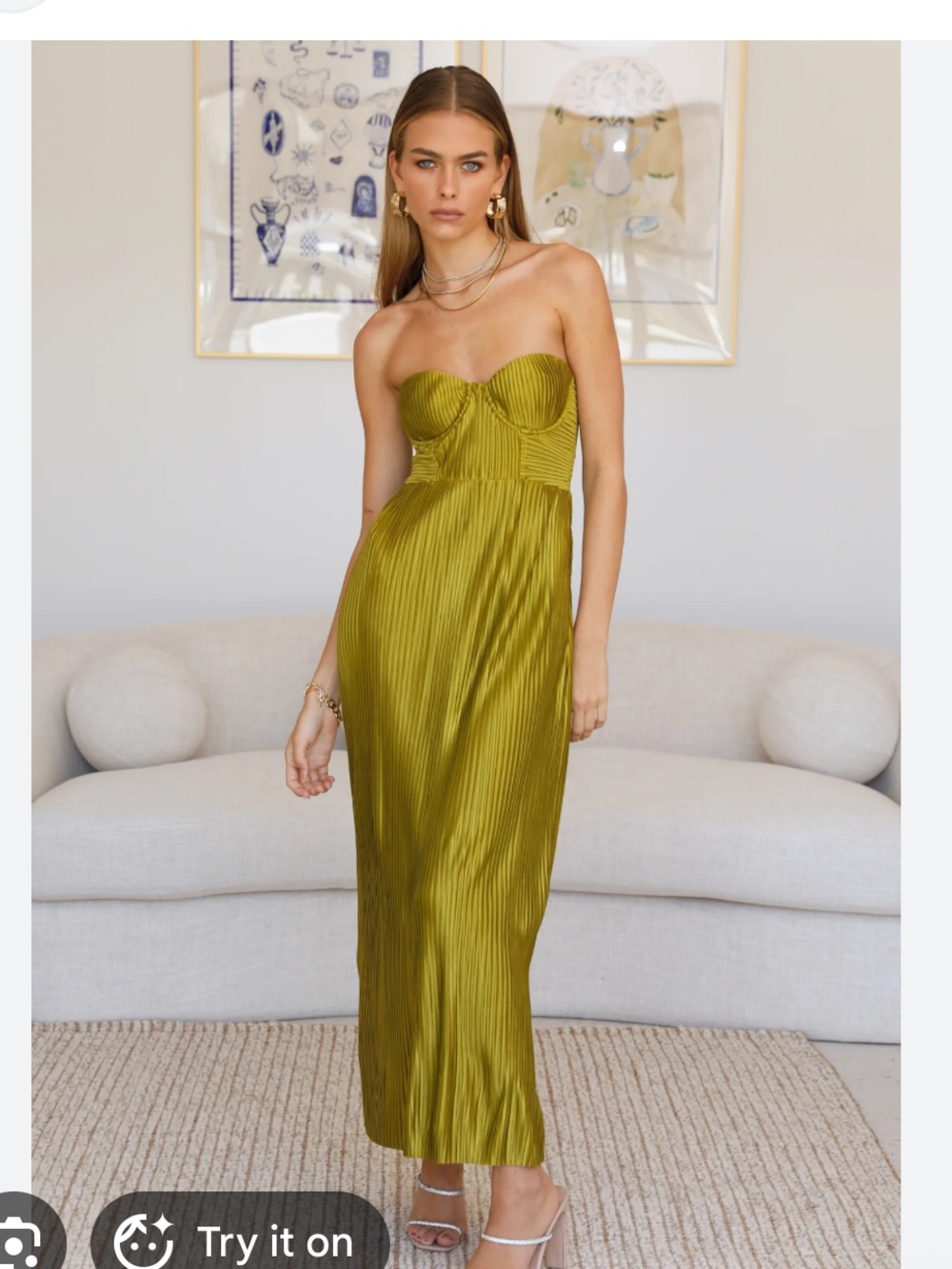Hello Molly Olive Green Strapless Pleated Midi Dress
